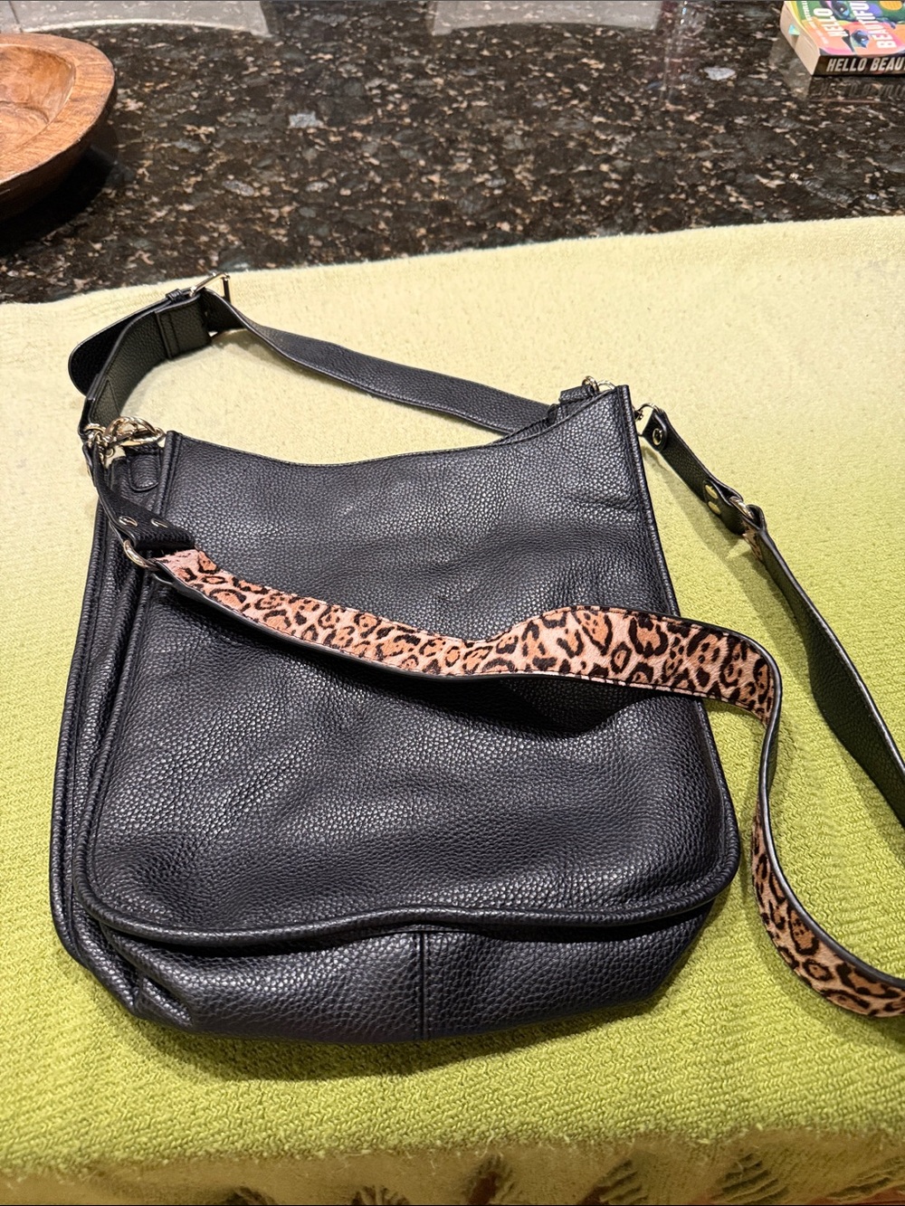 White House Black Market Black Leather Shoulder Bag with Leopard-Print Strap